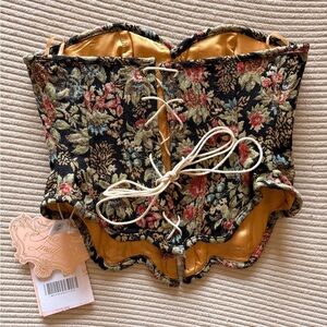 Lacemade (Brand) Floral Tapestry Lace-Up Corset Top in black with gold satin